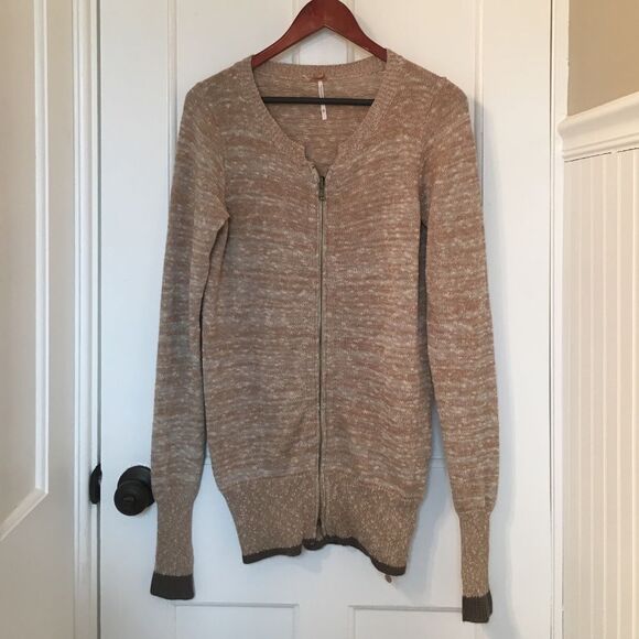 Free People Cream/Brown zip up sweater XS - Picture 3 of 5